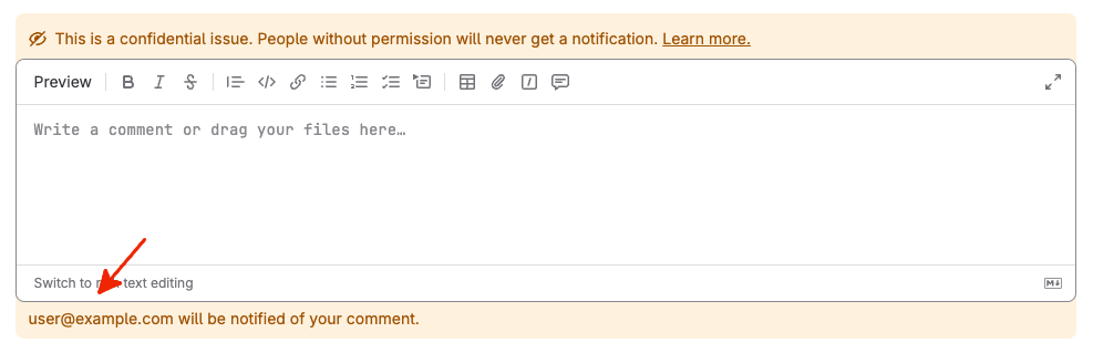 Warning below the comment editor listing external participants